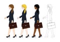 Set Cute Business Woman holding a Brief Case while Walking. Side View. Full Body Vector Illustration Royalty Free Stock Photo