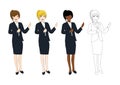 Set Cute Business Woman Presentation with Hand Pointing. Full Body Vector Illustration