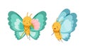 Set of cute butterflies with blue wings. Cute smiling insects with funny faces cartoon vector illustration Royalty Free Stock Photo