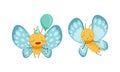 Set of cute butterflies with light blue wings. Cute smiling insects with funny faces cartoon vector illustration Royalty Free Stock Photo