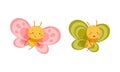 Set of cute butterflies with pink and green wings. Cute insects with funny faces cartoon vector illustration Royalty Free Stock Photo