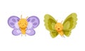 Set of cute butterflies with purple and green wings. Cute smiling insects with funny faces cartoon vector illustration Royalty Free Stock Photo