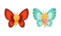 Set of cute butterflies with red and blue wings. Cute smiling insects with funny faces cartoon vector illustration Royalty Free Stock Photo