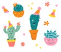 Set of cute cacti. Home plants. Cacti with funny faces in pots. For postcards, birthday cards, invitations or as a sticker. Hand Royalty Free Stock Photo