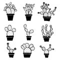 Set of cute cactus houseplants in pots. Hand-drawn opuntia cactus. Vector illustration. Royalty Free Stock Photo