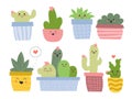 Set of cute cactuses, potted plants with funny faces. Collection of colourful cacti, house plants in kawaii style