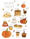 Set of Cute cakes, pies, tea, honey, pumpkin, jam, coffee, cinnamon and cookies.