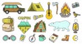 Set of cute camping elements. Equipment in forest. Stickers, doodle pins, patches. Mountain Campfire Map Compass Bear Royalty Free Stock Photo