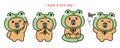 Set of cute capybara wear frog head costume in various poses on white background