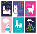 Set of cute card with alpacas. Inspirational llamas posters with colorful design and inspirational quotes. Llama loves you. No