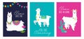 Set of cute card with alpacas. Inspirational llamas posters with colorful design and inspirational quotes. Llama loves you. No