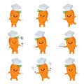 Set of cute carrot chef cartoon characters with various activities