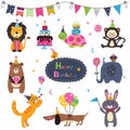 Set with cute cartoon animals and decorative elements for Happy Birthday