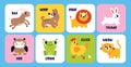 Set of cute cartoon Animals making sounds. Education cards for baby. Animal Talk Cards. Onomatopoeia