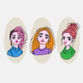 Set of cute cartoon avatars, girls, smile on face, fashion, doodle