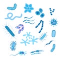 A set of cute cartoon bacterias. Microbiological virus and contagion infection bacteria set flat drawing, microbes and