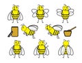 Set of cute cartoon bees and and honey jars on white background
