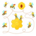 Set of cute cartoon bees working, reading, resting, carrying honey to the beehive. Royalty Free Stock Photo