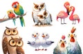 Set of cute cartoon birds. Funny parrots, owls, flamingos, seagull, chicken, rooster. Isolated watercolor illustration. Generative Royalty Free Stock Photo