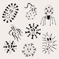 Set of Cute Cartoon black and white bacteria, virus character.