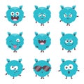 Set of cute cartoon bluel monster emotions. Funny emoticons emojis for kids. Fantasy characters. Vector illustrations