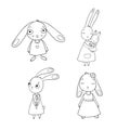 A set of cute cartoon bunny girls. Beautiful rabbits in dresses. Little hares. isolated objects on white background. Royalty Free Stock Photo