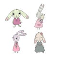 A set of cute cartoon bunny girls. Beautiful rabbits in dresses. Little hares. objects on white background. Royalty Free Stock Photo