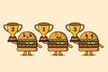 Set of cute cartoon Burger holding trophy