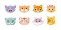 Set of cartoon cats heads, stickers, icons, characters, funny, lovely.