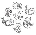 Collection with cartoon cats mermaids in contour. Vector illustration