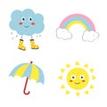 Set of cute cartoon characters and design elements for childrens party. Cloud, sun, rainbow and umbrella