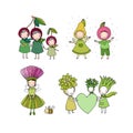 Set with cute cartoon characters. Funny cherries, fruits and succulents. Fairy-tale heroes. Summer history