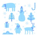 Set of cute cartoon Christmas. A bear, reindeer, snowman, and penguin. Part of Christmas backgrounds collection. Can be used for