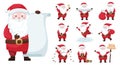 A set of cute cartoon Christmas Santa in a red suit and hat. Carries gifts, skates, holds a bell, a garland, receives letters. Royalty Free Stock Photo