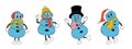 Set of Cute Cartoon Christmas snowmen characters. Happy and cheerful emotions. Royalty Free Stock Photo