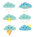 Set of cute cartoon clouds: rain cloud; thunder cloud; cloud witn sun; cloud with rainow.