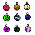 Set of cute cartoon color christmas decoration balls, doodle vector drawing