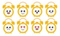 Set of cute cartoon colorful yellow alarm clock with different emotions. Funny emotions character collection for kids Royalty Free Stock Photo