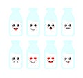 Set of cute cartoon colorful milk bottle with different emotions. Funny emotions character collection for kids