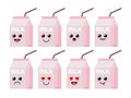 Set of cute cartoon colorful milk package with different emotions. Funny emotions character collection for kids
