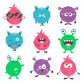 Set of cute cartoon colorful monsters with different emotions. Funny emoticons emojis collection for kids. Fantasy