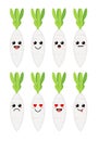 Set of cute cartoon colorful white radish with different emotions. Funny emotions character collection for kids