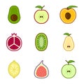 Set of cute cartoon cut fruit icons. The set includes - apples, pears, figs, avocados, lemon and others. Isolated vector