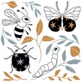 Set with cute cartoon doodle insects and leaves
