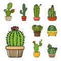 Set of cute cartoon doodle vector illustration of cactus in a pot. Patch, badge sticker. Comic cacti