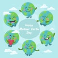 Set of cute cartoon Earth globe with emotions