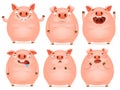 Set of cute cartoon emotional pink pig characters