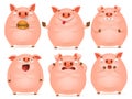 Set of cute cartoon emotional pink pig characters