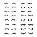 Set of cute cartoon eyelashes. Open and closed hand drawing eyes. Isolated on white. Royalty Free Stock Photo