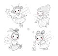 Set with cute cartoon fairies. Wood elves. Little girls princess with wings fly over flowers. Funny ladybug. Vector illustration